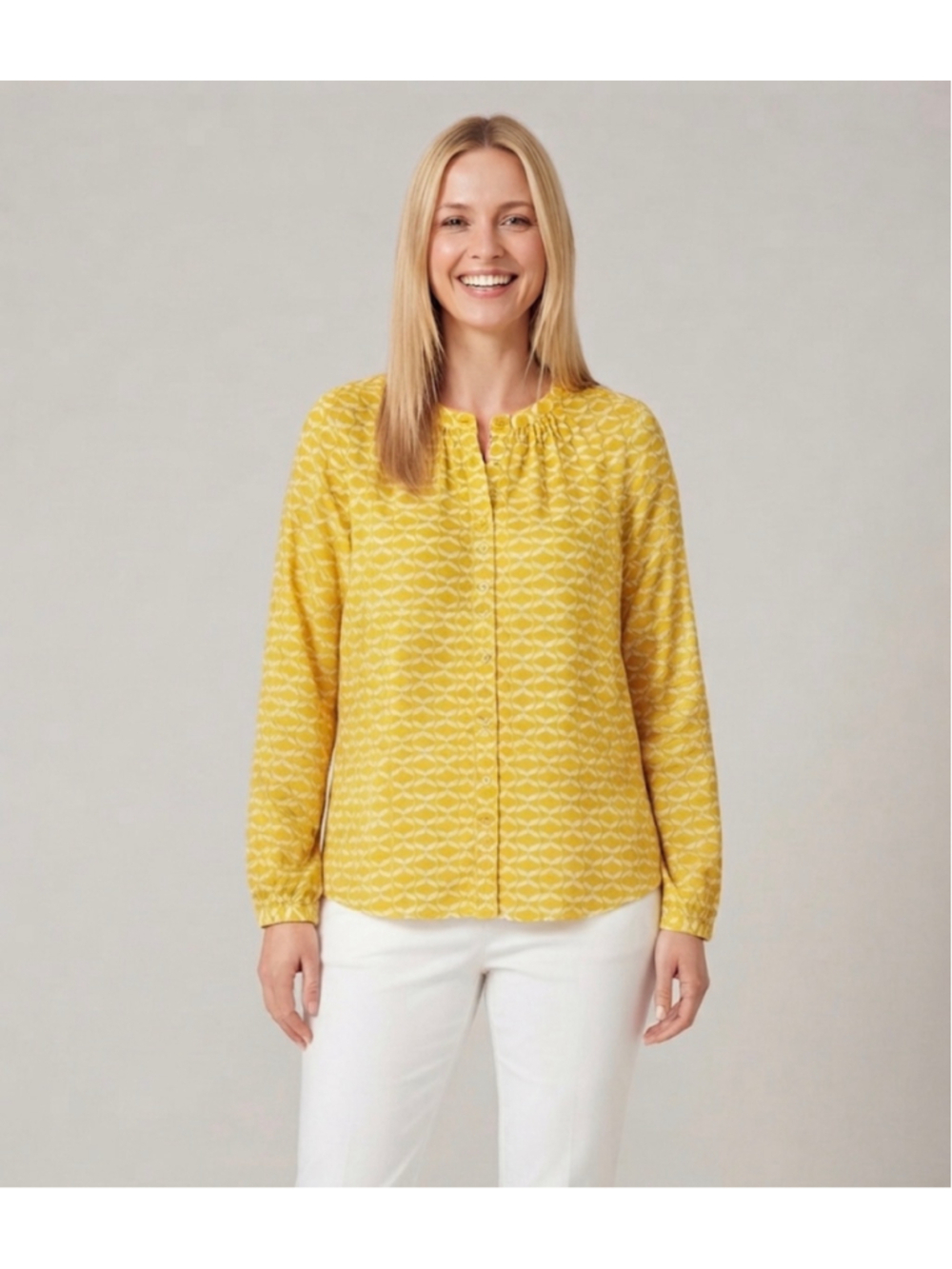 Boden Blouse Size 12 US Yellow White Patterned Long Sleeve Top